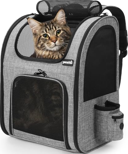 pecute Haustier Rucksack mit Netzfenster XL für 6-10 kg, Tragbare und Faltbare Katzentasche, Atmungsaktive und Leichte Hundetasche, Wasserdichtes Oxford-Tuch mit Viel Platz, Multifunktionales Grau