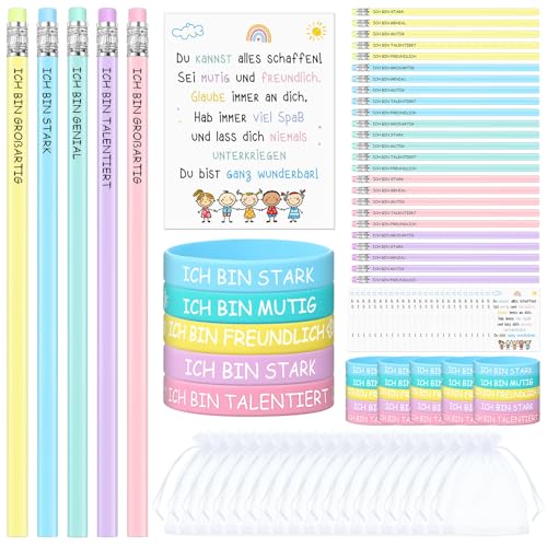 Tenare 120 Stück Motivation Geschenkset - 30 Bleistiften, 30 Armbändern, 30 Motivationskarten & 30 Organzabeuteln | Mutmacher Geschenk für Schüler zu Weihnachten, Geburtstag, Schulanfang oder Abschied
