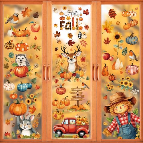 Joyoldelf Fensterbilder Herbst 87 Stück - Vogelscheuche Kürbis Kaninchen Herbstdeko Fenster Selbstklebend Aufkleber, Geeignet für Thanksgiving Herbst Deko Fenster Aufkleber
