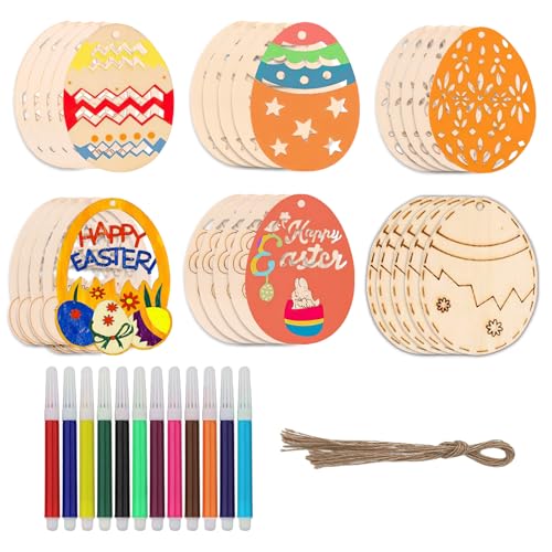 HFMYGS 30 Stück Ostereier zum Bemalen, Holzeier zum Bemalen, Osterdeko Holz, Ostereier Bemalen, Ostergeschenke Kinder, Osterdeko, Ostern Holzanhänger, Deko mit Schnur Diy Basteln