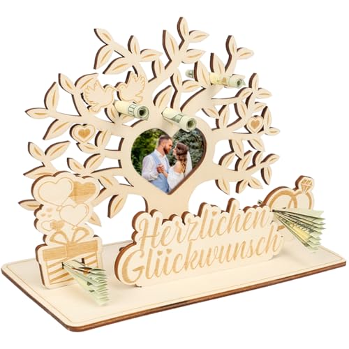 LOHAME Geldgeschenk Hochzeit Holz Geldbaum Geschenk Lebensbaum Tischdeko Hochzeitsbaum Kreative Hochzeitsdeko mit Herzlichen Glückwunsch Geld Hochzeitsgeschenke für Brautpaar Frauen Männer