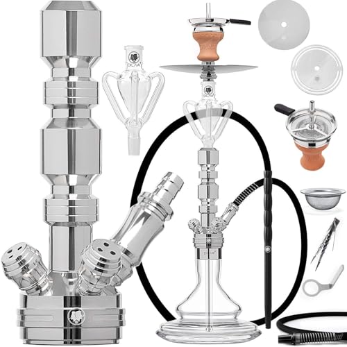 DILAW® Shisha Set TRIPHAN 44cm Edelstahl Wasserpfeife Mini to go Profi Zubehör Komplett-Set bis 3-Anschlüsse mit Bowl, Kaminkopf, Molassefänger, Silikonschlauch, Alu Mundstück, Tonkopf & Kaminaufsatz
