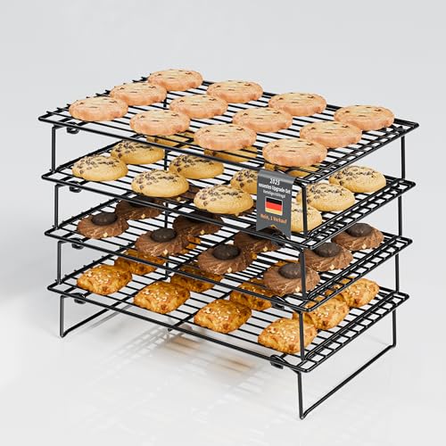 YOYIKKO 4 Kühlregale zum Kochen und Backen, 4 Etagen Abkühlgitter, zusammenklappbar, 26 x 41cm, kühle Chargen Kekse, antihaftbeschichtet und BPA-frei, ofen- und spülmaschinenfest (schwarz-80)