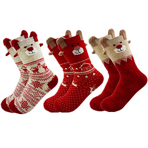 MAKFORT 3 Paar Weihnachtssocken Damen Winter Warme Mädchen Weihnachtssocken Rentier Schneeflocke Socken Für Frauen
