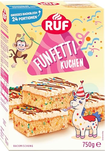 RUF Funfetti-Blechkuchen mit bunten Konfetti-Streuseln, Vanille-Creme und kakaohaltiger Pflanzenfett-Glasur mit Vollmilchpulver, 1 x 750g