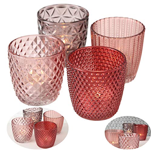 LS-LebenStil 4X Glas Teelichthalter Retro Rosa Rose 7cm 4´er Set Kristall Ornament Teelicht-Gläser Windlicht-Halter Kerzenständer Tischdeko Kerzen Deko Kerzenhalter für Teelichter Hochzeit