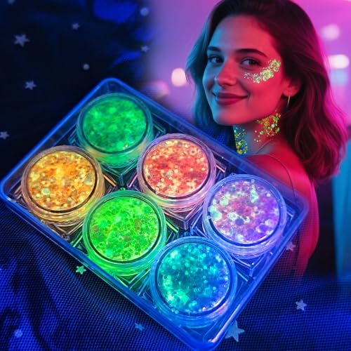 Festival Glitzer Gesicht, 6 Farben Fluoreszierendes Chunky Sequin Face Body Glitter Festival Zubehör Accessoires Gadget,Geeignet für Partys, Halloween, Karneval, Make-up-Balls usw.