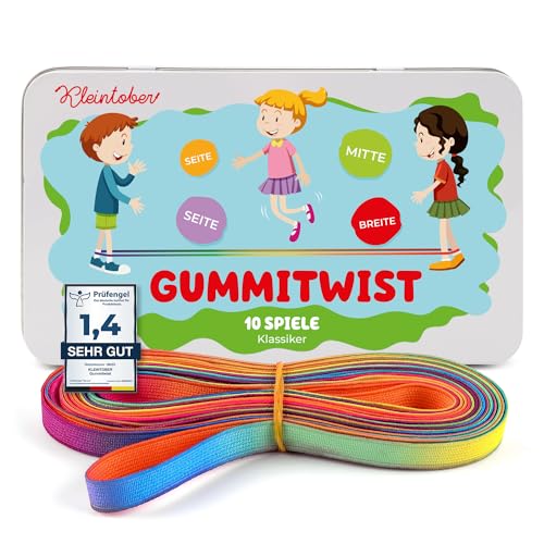 Kleintober Gummitwist Kinder mit Spiele Anleitung I Hüpfgummi I Indoor und Outdoor Spielzeug I Regenbogen Band I Einschulung Mädchen Geschenk als Schultüte Füllung I Prüfengel Note 1,4