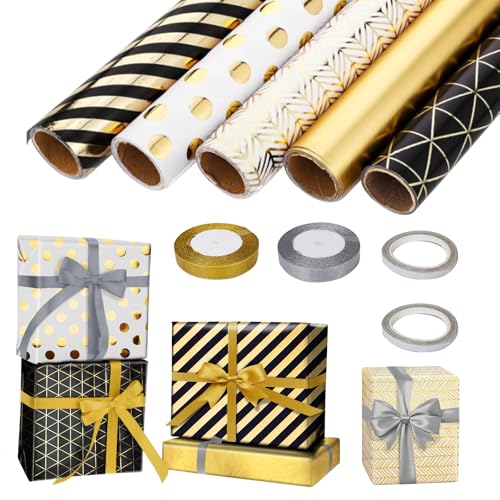 YSWOVUO 5 Rollen Geschenkpapier Geburtstag, 300cmx43cm Valentinstag Geschenkpapier, Geschenkpapier Rolle mit 2 Bänder und 2 Klebeband, Wrapping Paper für Geburtstag Hochzeit Taufe Party