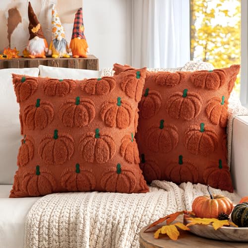 MIULEE 2er Set Kissenbezug Herbst Dekokissen Kissenhülle Sofakissen Wolle kürbis Couchkissen Kuschelkissen für Halloween Thanksgiving Karamell Grüner Stiel 45x45CM