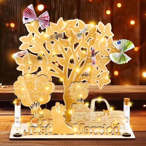 FTUREERA Geldgeschenk Hochzeit, Hochzeitsgeschenke für Brautpaar Geldgeschenk Just Married, Geldbaum Hochzeit Holz mit LED Lichterkette, Hochzeitsgeschenke Lebensbaum Wunscherfüller Geschenk