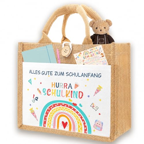Einschulung Geschenk Jutetasche Mädchen Jungen“Hurra, Schulkind!”-Jutetasche Schulkind Schultüte Geschenke Klein Füllung Jute Handtasche schultüte,Alles Gute zum Schulanfang“Geschenk mit Grußkarte