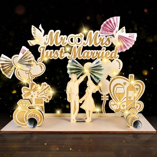 LED Geldgeschenk Hochzeit,Geldgeschenke für Brautpaar,Hochzeitsgeschenk Geld,Holz Mr & Mrs Just Married Geld Geschenk Personalisierte Hochzeitsgeschenke für Brautpaar