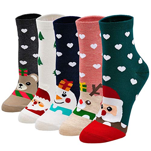 PUTUO Weihnachtssocken Damen Socken Bunte Lustige Socken aus Baumwolle, Weihnachten Festlicher Socken Damen Witzige Socken Frauen Karikatur Tier Socken 37-43 5 Paare