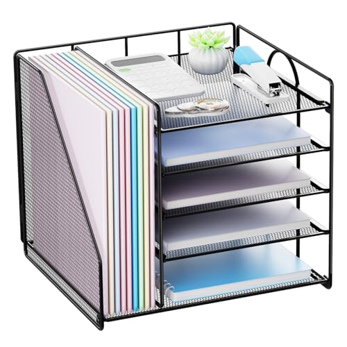 Restorgan Schreibtisch Organizer mit Aktenhalter, 5-stöckiges Papier Briefkasten Organizer, Desktop Organizer und Aufbewahrung, Mesh Schreibtisch Organizer und Zubehör für Bürobedarf zu Hause,Schwarz