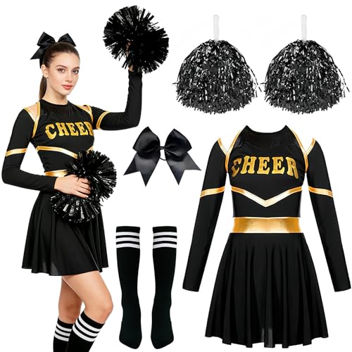 Taechalingo Cheerleader Kostüm Damen,Cheerleadering Outfit,Kostüm Cheerleader,Kostüme für Erwachsene,Cheer Outfit Fasching Party Kostüm Kleid mit Pompoms Stick,Karneval,Mottoparty