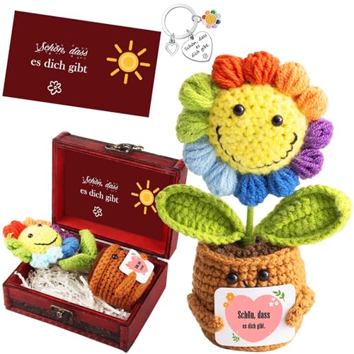 Positive Geschenke, Pocket Hug Deutsch Emotional Support mit Schatztruhe Schlüsselanhänger & Grußkarte, Dankeschön Geschenk Gestrickte Sonnenblume, Glücksbringer Geschenke für Freunde Kollegen (C)