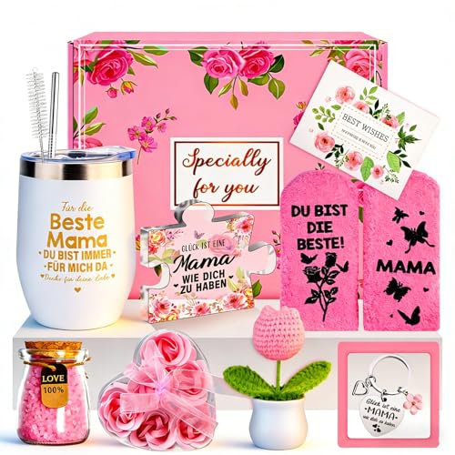 Geschenke für Mama, Geburtstagsgeschenk für Mama, Muttertag Geschenk für Mutter, Beste Mama Geschenk, Thermobecher mit Stroh und Bürste, Socken Schlüsselanhänger Badesalz Gehäkelte Geschenkset