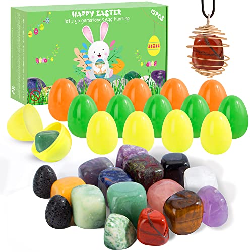 QianCannaor Ostergeschenke Kinder,Vorgefüllte Ostereier Gefüllt mit 15 Edelsteinen und Kristalle,Natürlichen Mineralien und Steinen zum Lernen, Sammeln, Ostern Geschenke für Jungen und Mädchen