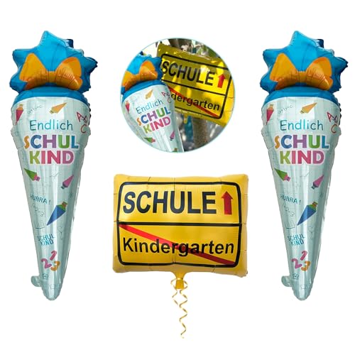 Oblique Unique® 3er Set Folienballon 2x Zuckertüte + Kindergarten/Schule Ortsschild Ballon Hänge Deko für Schuleinführung Einschulung Schulanfang