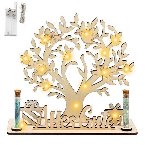 QEEYON Geldbaum aus Holz mit LED Lichterkette, Geldbaum Geschenk, Lebensbaum Holz Deko, Hochzeit Geschenk, Geldgeschenke Geburtstag, Geldgeschenke Verpackung für Männer Frauen Brautpaar