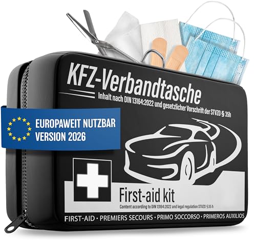 HELDENWERK KFZ Verbandstasche nach aktueller Norm 2026 - Europaweit Nutzbar - Erste Hilfe Set Auto Verbandskasten DIN 13164:2022 (StVO konform)