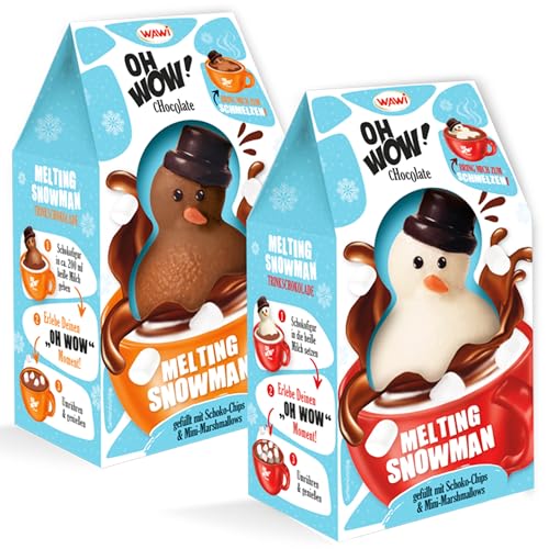 OH WOW Trinkschokolade Bundle – 2x75g Melting Snowman weiße & Vollmilchschokolade – Schneemann Schokolade mit Mini-Marshmallows & Schoko-Drops – Hot Chocolate zum Schmelzen & Verschenken im Winter
