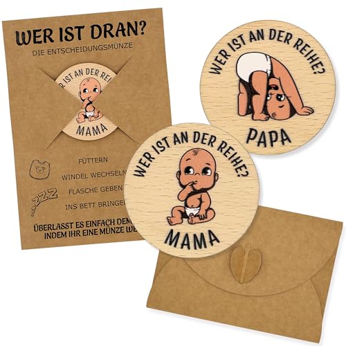 ZUKLA Entscheidungsmünze Mama Papa aus Holz - Geschenke zur Geburt für die Eltern - Babyparty Geschenk, Schwangerschaft Geschenk für Werdende Mütter & Väter