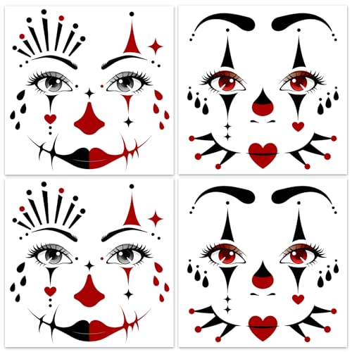 HOWAF 4 Bogen Gesichtstattoo Pantomime Temporäre Tattoos, Face Tattoo Pantomime Clown Gesichtstattoo Karneval, Gesichtstattoo Halloween Aufkleber Gesicht für Pantomime Kostüm, Fasching Karneval Kostüm