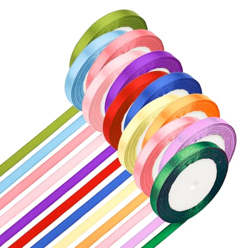 Deepton12 Farben Schleifenband, 10mm×23m Bunt Satinband, Regenbogen Geschenkband, Ribbon zum Basteln, Stoffband, Satinbänder, Dekoband für Geschenkeverpackung DIY Blumenstrauß Party Deko