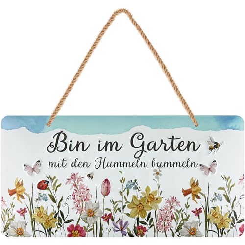LANOLU retro Blechschild, Gartenschild mit Spruch bin im Garten mit den Hummeln bummeln, Deko Schild Garten wetterfest, Vintage Metallschild mit Jutelkordel, 16x32 cm