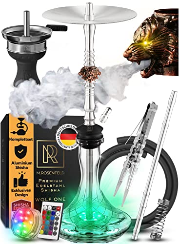 M. ROSENFELD Shisha Set Komplett - Edelstahl mit Unikalem Air Flow durch 3 edle Wolf Köpfe aus Kupfer - quality Zubehör + LED Licht Untersetzer mit Fernbedienung - 85cm Base
