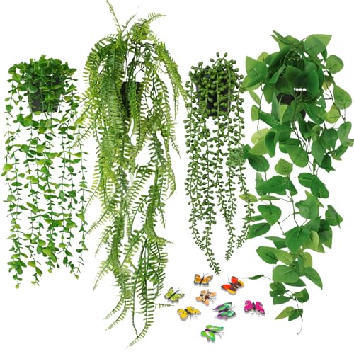 BELICOO Hängepflanze Künstlich, 4 Stück Künstliche Pflanzen Hängend mit Töpfen, Kunstpflanze Hängend, Kunstpflanzen wie Echt, Fake Plant für Drinnen Draußen Büro, Wohnzimmer, Garten, Wanddekoration