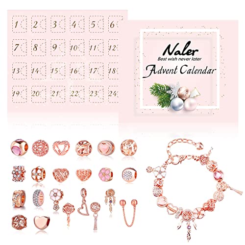 Naler 24-teilig Charms Adventskalender Roségold Schmuck Anhänger Glasperlen mit Ketten und Armband für Weihnachten
