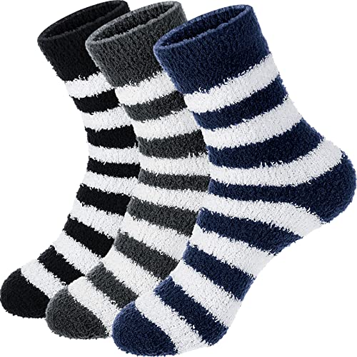 Geyoga 3 Paar Herren Flauschige Pantoffel Socken Kuschelige Socken (Gestreifter Stil)