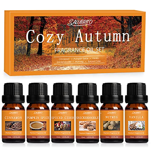 SALUBRITO Herbst Ätherische Öle Set für Diffuser, Naturrein Aromatherapie Duftöl für Diffusor 6 x 10ml – Zimt, Kürbisgewürz, gewürzter Apfelwein, Snickerdoodle, Vanille, Muskatnuss
