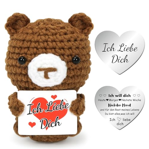 Mini Bär Ich Liebe Dich Geschenke, Jahrestag Geschenk für Frauen, Kreative Strickwolle Bär Puppe mit Liebesmünzen Karte, Pocket Hug Bären, Romantische Geschenk für Ehefrau Hochzeitstag Valentinstag