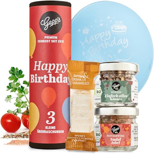 Gepp‘s Feinkost Kleines Geschenkset Happy Birthday I Geschenk gefüllt mit leckeren Delikatessen I Geburtstagsgeschenk & Mitbringsel für Erwachsene I Kleine Geschenkidee mit Gourmet Produkten