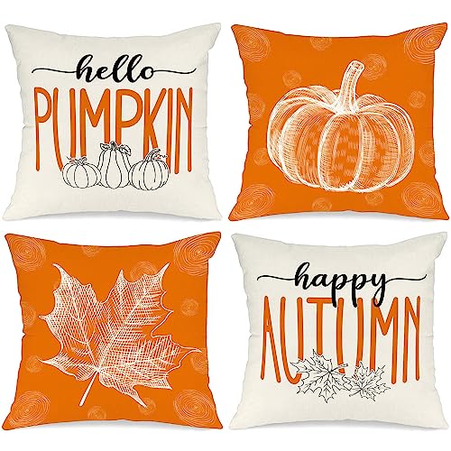 Benjia 4 Stück Kissenbezug Herbst Kissenhülle 40x40 cm, Ahornblatt Kürbis Herbst Kissen Dekorative Herbstkissen für Thanksgiving Halloween Bettwäsche Sofa Decorations Orange 40 x 40 cm