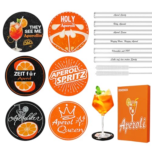 ZIENZENGYA 14 Stück Aperol Spritz Geschenk(6 Aperol Filzuntersetzer, 6 Stück 20cm Glasstrohhalme Aperol Spritz mit 2 Reinigungsbürste) Holy Aperoli Spritz Geschenkset für Freundin, Männer, Frauen