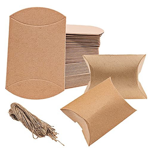 KYYLZ 50 Stück Vintage Kraftpapier Kissen Boxen, Kraftpapier Süßigkeiten Geschenk-Boxen mit String, Kraft Geschenk-Boxen, gelten für Graduierung Party Hochzeit Geburtstag Geschenk