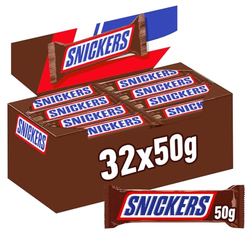 Snickers Schokoriegel, Karamell & Erdnüsse, Vollmilch Schokolade, Großpackung, 32 x 50g, Snacks für Weihnachten oder als Adventskalender Süßigkeiten