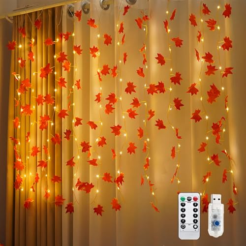 Lichterkette Herbst, Herbstdeko 100LED Ahornblätter Lichtervorhang mit Timer und Fernbedienung, USB 8 Modi, Herbst Lichterkette Ahornblatt Lichtervorhang Innen für Halloween Erntedankfest Herbst Deko