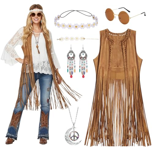 Hippie Kostüm Damen Set 60er 70er Jahre – Fransen Hippie Weste mit Accessoires, Stirnband Armband Ohrringe Halskette & Braune Sonnenbrille, Hippie Kostüm Outfit für Karneval Fasching Mottoparty (XXL)