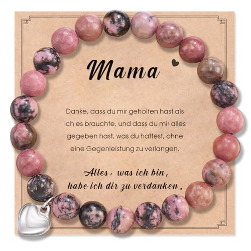 Johiux Muttertag Geschenk für Mama Naturstein Perlen Armband mit Herz Anhänger,Mama Geschenk Perlenarmband Damen Armband Muttertagsgeschenk Geburtstagsgeschenk Weihnachtsgeschenke für Mutter.