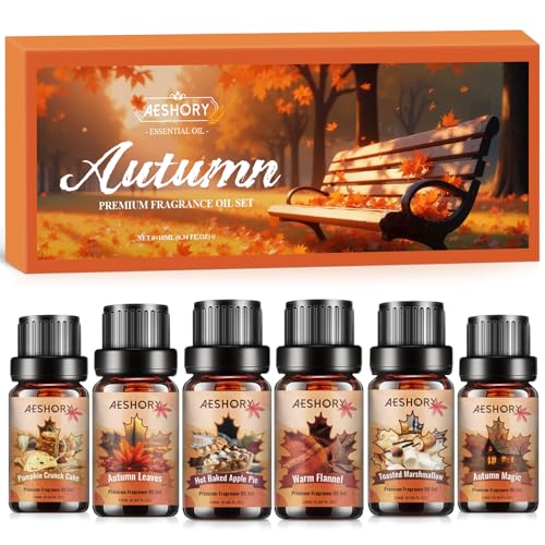 AESHORY Herbst Ätherische Öle Set für Diffuser 6 x 10ML, Aromatherapie Duftöl Geschenkset für SPA, Kerzenherstellung - Kürbis-Knusper-Kuchen, Herbstlaub, Gerösteter Marshmallow, Heißer Bratapfelkuchen