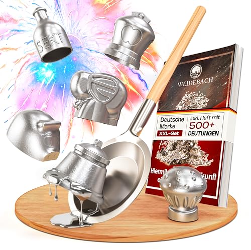 WEIDEBACH® 8-teiliges Wachsgießen Set [Version 2025], Bleigießen und Zinngießen Alternative inkl. Buch mit über 500 Deutungen, ungiftiges Silvester Wachsgießen Set, Zukunft deuten Silvester