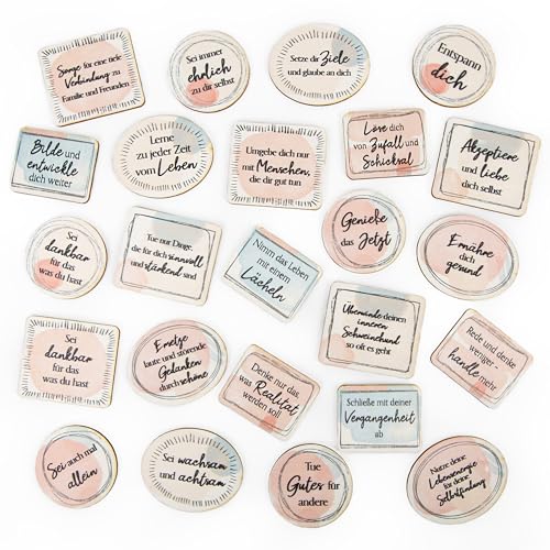 Kleine Holztaler mit Sprüchen, 24 Stück: Holz-Glückstaler Beschriftet, Motivationssteine-Set Selbstfürsorge, Mit Stoffsäckchen, Glücksbringer Deko & Gute Vorsätze, Geschenke Glück Klein, 5–6 cm