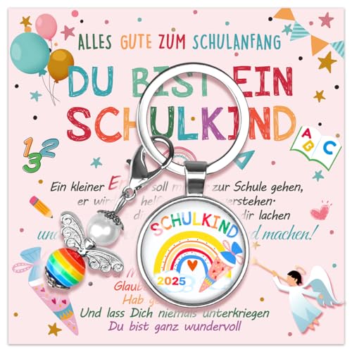 Humairc 2025 Einschulung Mädchen Geschenk Schutzengel Schlüsselanhänger Schulkind Schultüte Füllung Schulanfang Glücksbringer plus Grußkarte Geschenkbox