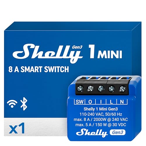 Shelly 1 Mini Gen3 | WLAN Smart Relais Schalter mit Potentialfreie Kontakte| 1 Kanal 8A | Lichtsteuerung und Garagentoröffner | Alexa und Google Home | iOS-Android-App | Kein Hub erforderlich